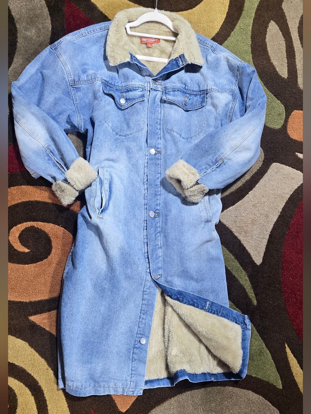 Denim Light Wash Duster  Jean Long Jacket Sherpa Lined Large Vintage Stone Wash